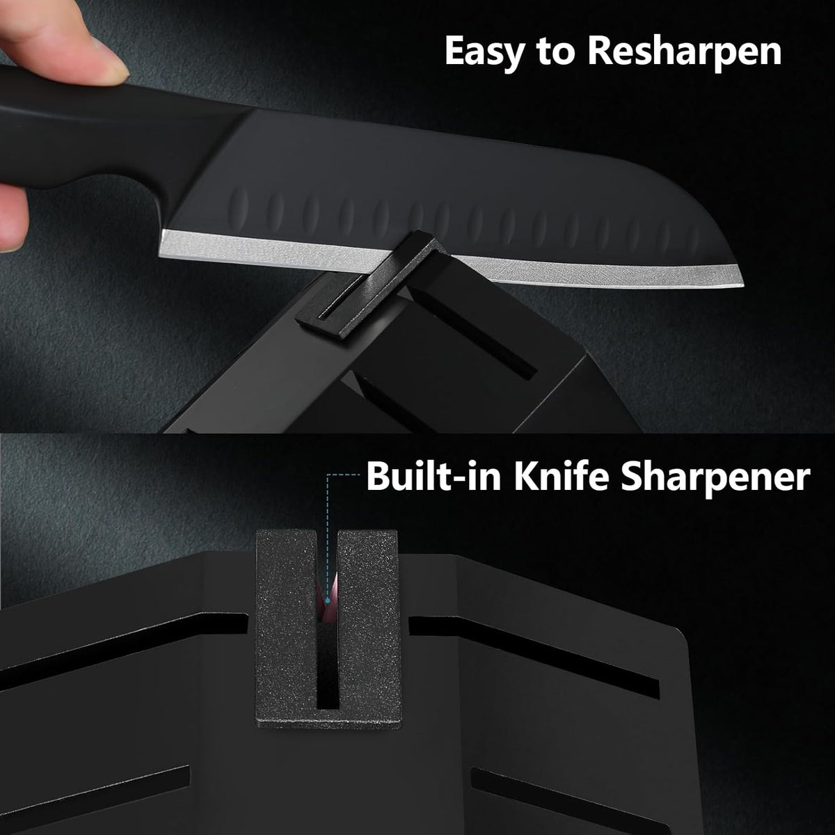 Kuisine Premium Knife Set,One-piece Steel Molding,High Carbon Stainless Steel Ultra Sharp,Non-slip Ergonomic Solid Steel Handle,Built-in Sharpener Knife Block Set,Luxury Gift(15PCS,Black)