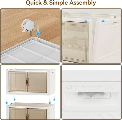 SAILUN 537QT/134Gal Stackable Storage Bins with a Lid, Collapsible Storage Bins with Doors, Folding Cabinet for Home Closet Organization,4 Pack-28 W x 18" D x 61.6" H White