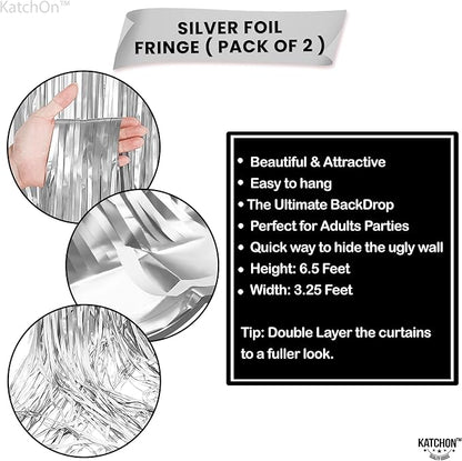 KatchOn, Silver Foil Fringe Curtain - Pack of 2 | Streamers Backdrop for Disco Birthday Decorations | Silver Fringe Backdrop for Graduation Decorations 2026 | Bachelorette Party Decoration