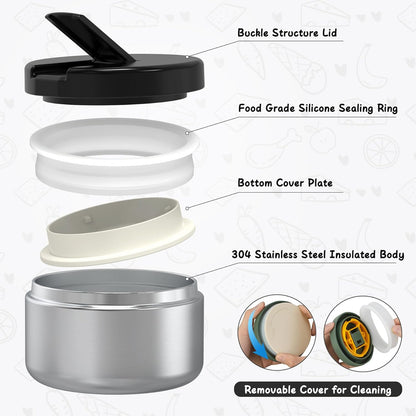 Bento Lunch Box with 8oz Soup Thermo, Leak-Proof Lunch Containers with 4 Compartment, Thermo Hot Food Jar and Insulated Lunch Box for School Black