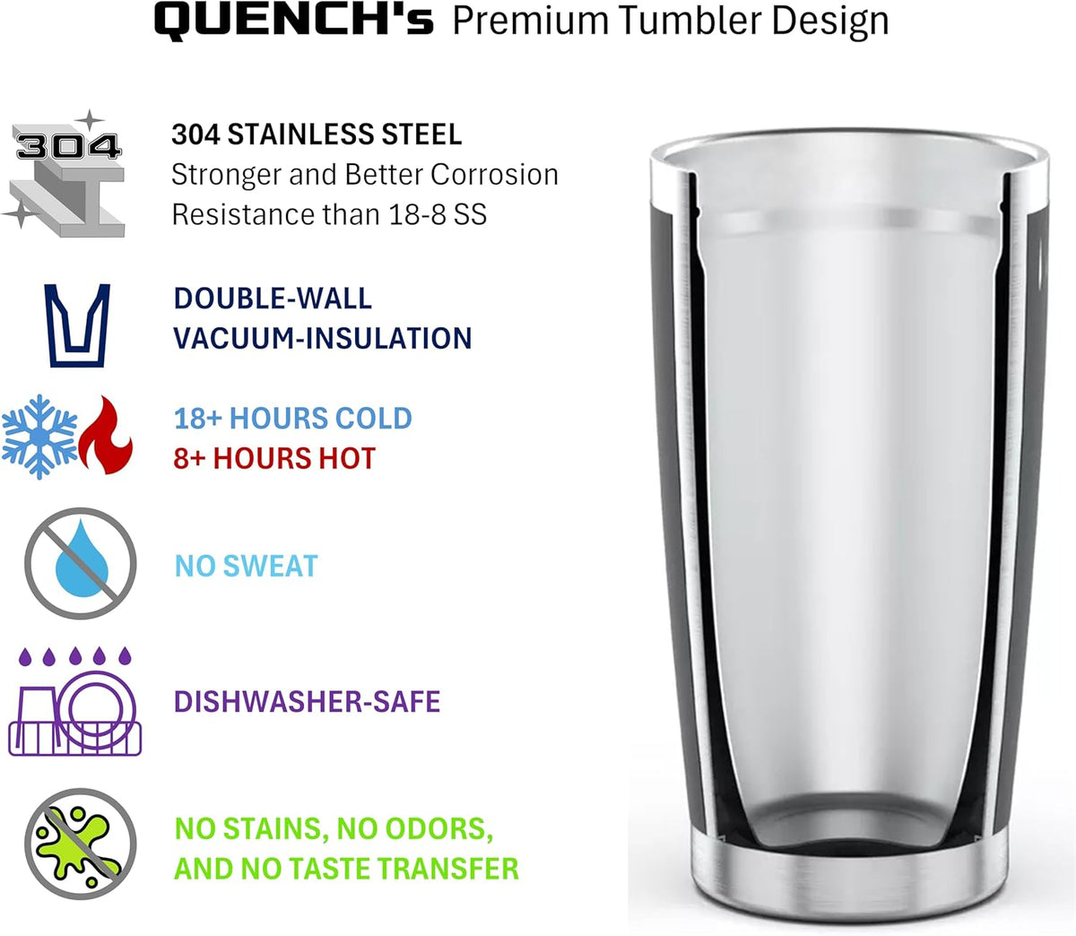 Quench Stainless Steel Tumbler 20oz, Double Wall Vacuum Insulated Powder Coated, USA, Indigo Blue, with MagnaLock Lid