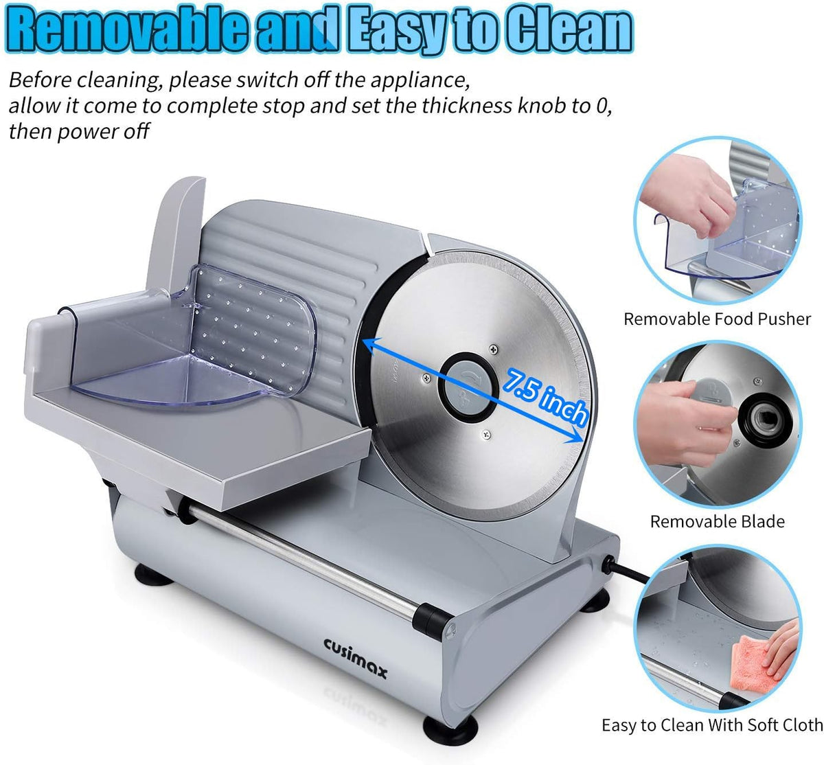 Meat Slicer, Cusimax Electric Deli Food Slicer with Two 7.5'Removable Stainless Steel Blades and Pusher, Cheese Fruit Vegetable Bread Cutter