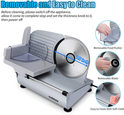 Meat Slicer, Cusimax Electric Deli Food Slicer with Two 7.5'Removable Stainless Steel Blades and Pusher, Cheese Fruit Vegetable Bread Cutter