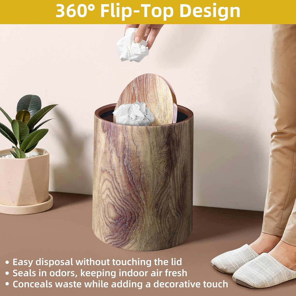 Wood Grain Plastic Trash Can Swing Top Lid, 4Gal/15L Farmhouse Wastebasket Bin Retro Style with Inner Bucket, Bathroom Trash Can Hidden Bag for Room Aesthetic, Round Brown Garbage Can 2pack