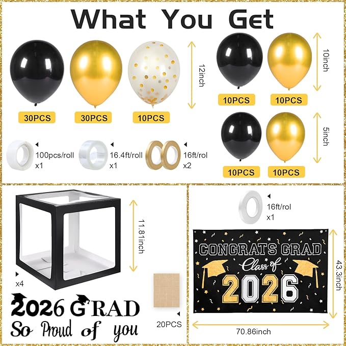 Picoway Graduation Decorations Class of 2026 ,Black and Gold Graduation Party Decorations include 4 Pcs Balloons Boxes with Letters, 110 Pcs Balloon Arch Kit and Banner backdrop for Party Favors Decor