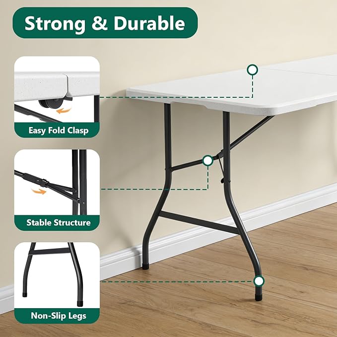Folding Table 5FT Heavy Duty Plastic Table with Handle, Foldable&Portable, Fold-in-Half Utility Tables for Outdoor, Dining, Wedding, Events, Indoor, Picnic, Camping, Party,Khaki