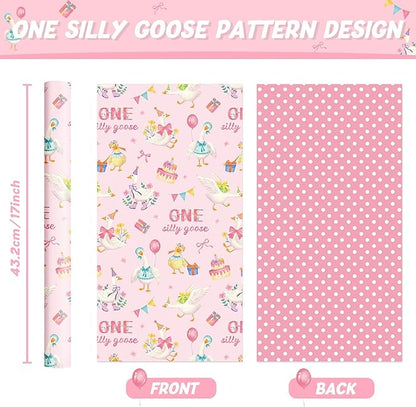 WERNNSAI Silly Goose Wrapping Paper - 1 Roll 17” x 33 ft 1st Birthday Wrapping Paper Pink Birthday Gift Wrap Baby Girls One Year Present Packing Wrap Baby Shower Reversible Design
