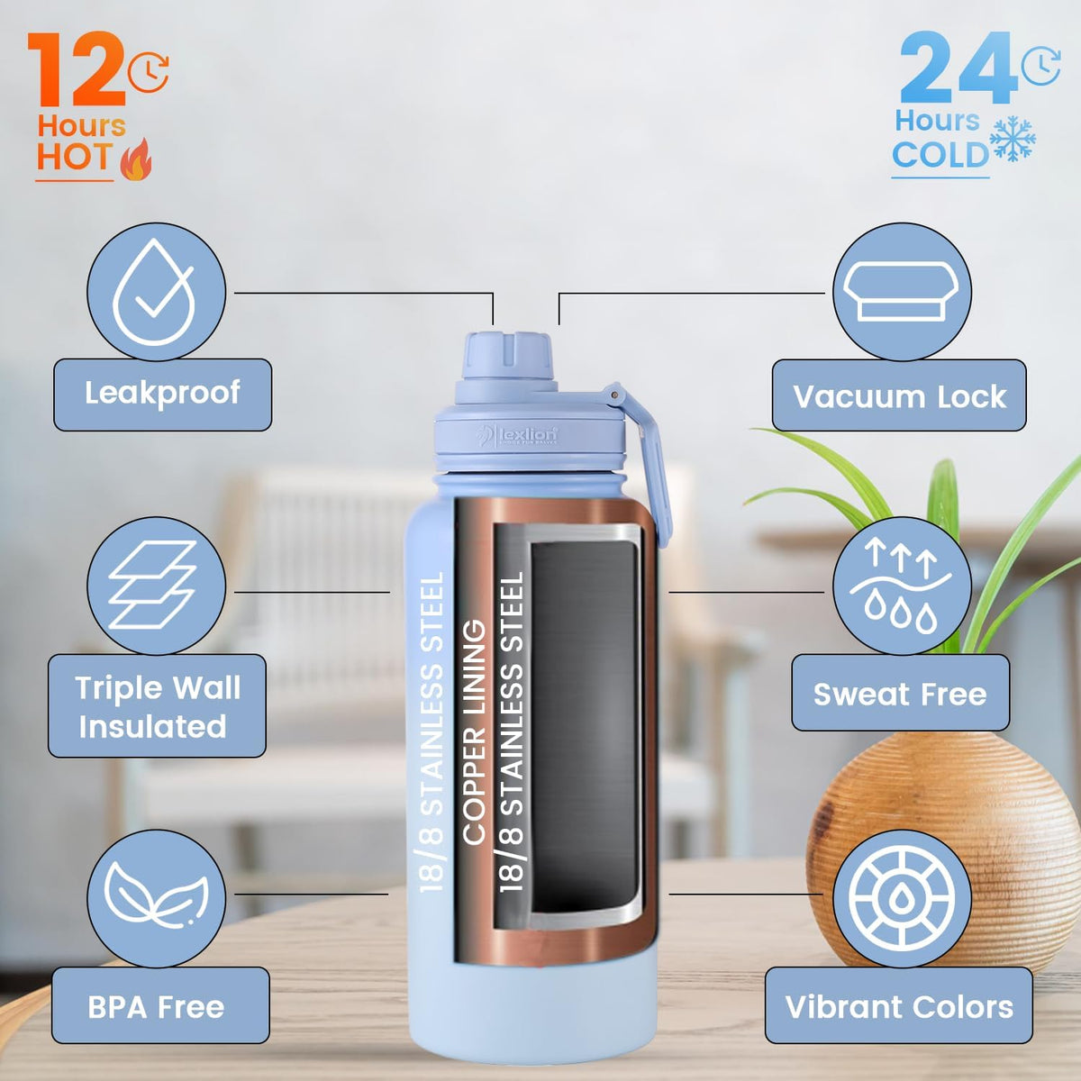 Lexlion 32 Oz Triple Walled Insulated Stainless Steel Fruit Infuser Bottle - Tea Infuser Water Bottle with 3 Lids, Silicone Sleeve, Leakproof