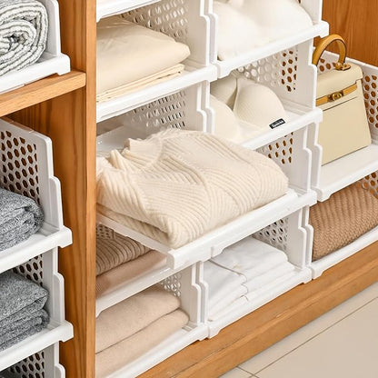 Pull-out Plastic Storage Basket,Stackable Closet Organizers Drawer Anti-Tipping, Reinforced Stable Shelf Container for Bathroom Laundry Room Storage, Space-Saving Clothes Storage (white, Large-4pcs)