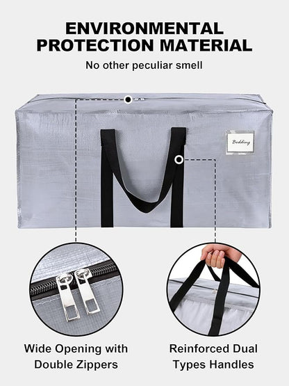 80 Pack Large Strong Moving Bags with Zippers & Carrying Handles - Water-Resistant - Heavy Duty Storage Tote for Space Saving, Fold Flat, Alternative to Moving Box (Silver)