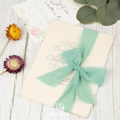 Dusty Green Chiffon Ribbon 1-1/2 Inch x 21Yards Handmade Fringe Silk Boho Frayed for Gift Wrapping, Wedding Invitation, Bridal Flower Bouquets