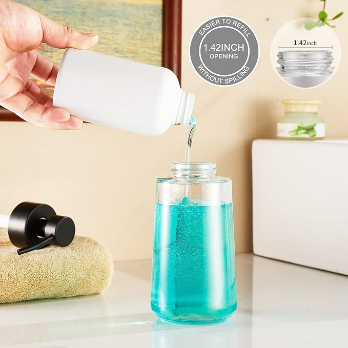 Soap Dispenser, Clear Glass Soap Dispenser with Rust Proof Pump, 16oz Liquid Soap Pump with Waterproof Labels, Dish & Hand Soap for Bathroom, Kitchen, Matte Black, Pack of 2