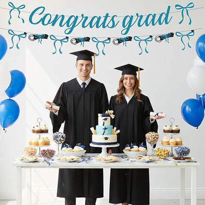 Blue Graduation Decorations 2026-2PCS Blue Bow Congrats Grad Banners Party Decor, Bowknot Graduation Party Supplies for Primary Middle High School University College (No-DIY)