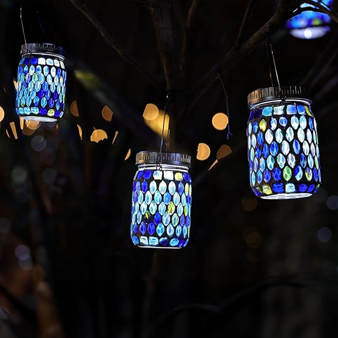 Cooo Mosaic Lanterns Outdoor Waterproof with 215% Larger Solar Panel, Never Rust Lids, True Capacity Battery- Solar Mason Mosaics Jar Lantern for Patio Garden Yard Balcony Hanging or Table (6)