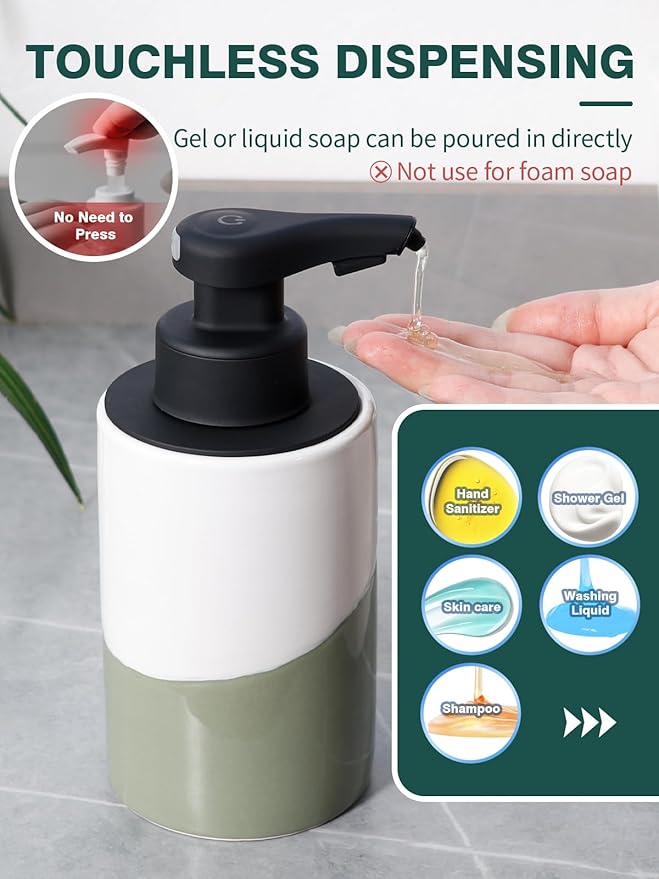 BosilunLife Automatic Soap Dispenser Ceramic Hand Free Soap Dispenser with Waterproof Pump Rechargeable Smart Electric Soap Lotion Dispenser Touchless for Kitchen Bathroom (White-Green, Liquid Pump)