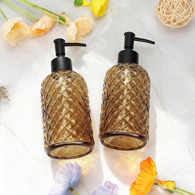 13.5Oz Gem Design Soap Dispenser with Plastic Pump, Refillable Glass Soap Dispenser for Hand Soap, Dish Soap, Lotion (Amber)