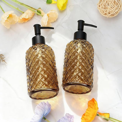 13.5Oz Gem Design Soap Dispenser with Plastic Pump, Refillable Glass Soap Dispenser for Hand Soap, Dish Soap, Lotion (Amber)