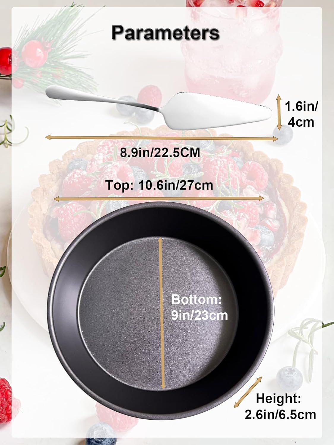 10×2.6 Inch Deep Pie Pan with Cake Server for Pie Tart Quiche Baking. Round Cake Pan with Non-Stick Coating, Rugged Carbon Steel