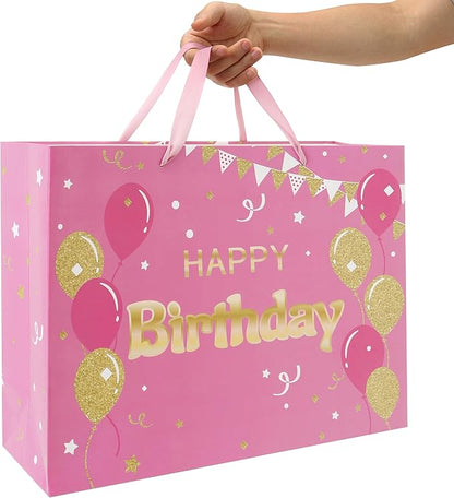 Qirrmiy 16.5" Extra Large Pink Happy Birthday Gift Bag Set with Handles, Greeting Card, Tissue Papers and Stickers for Women Girls, Balloons Design, 1 Pcs