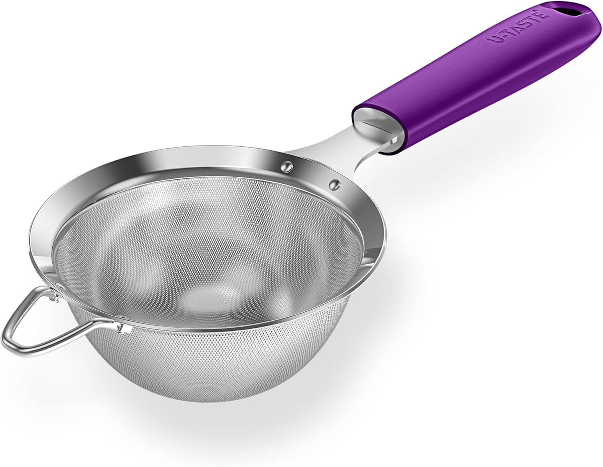 18/8 Stainless Steel Mesh Strainer: U-Taste 3.9 Inch Kitchen Fine Mesh Sieve Food Colander with Riveted Sturdy Silicone Handle and 30 Mesh Hole for Straining Flour, Quinoa, Tea, Juice (Purple)