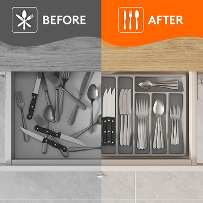 Lifewit Silverware Drawer Organizer Tray, Plastic Cutlery Storage for Kitchen Drawer, Flatware and Utensil Holder Divider for Spoons Forks Knives Tableware, 6 Compartment, Gray