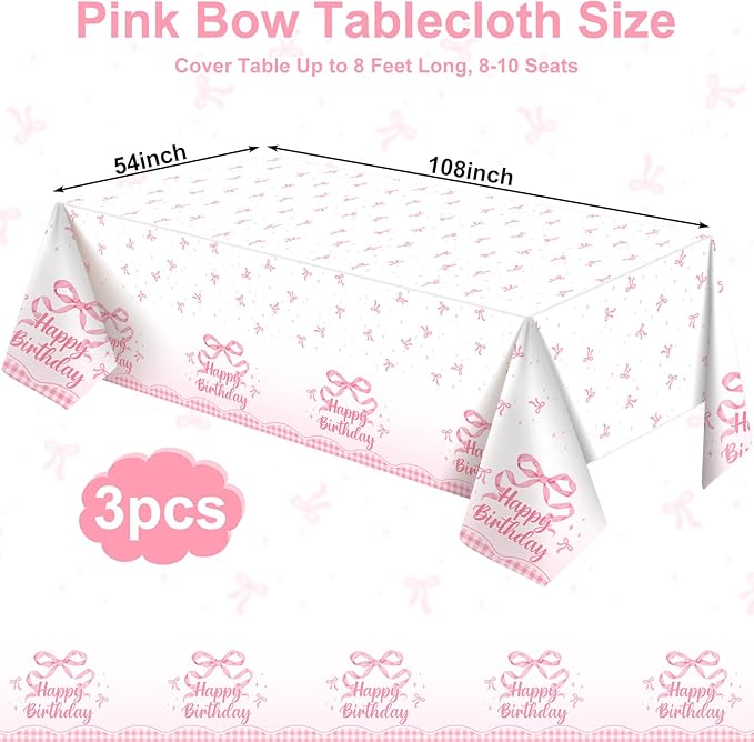NatNarr 3 Pack Coquette Pink Bow Plastic Tablecloth, 54 X 108Inch Disposable Happy Birthday Table Cloth for Rectangle Tables Waterproof Table Cover for Girls Bridal Wedding Birthday Party