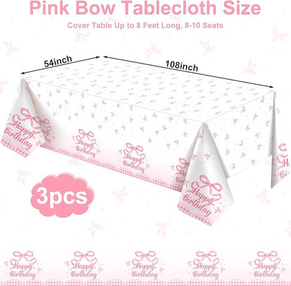 NatNarr 3 Pack Coquette Pink Bow Plastic Tablecloth, 54 X 108Inch Disposable Happy Birthday Table Cloth for Rectangle Tables Waterproof Table Cover for Girls Bridal Wedding Birthday Party