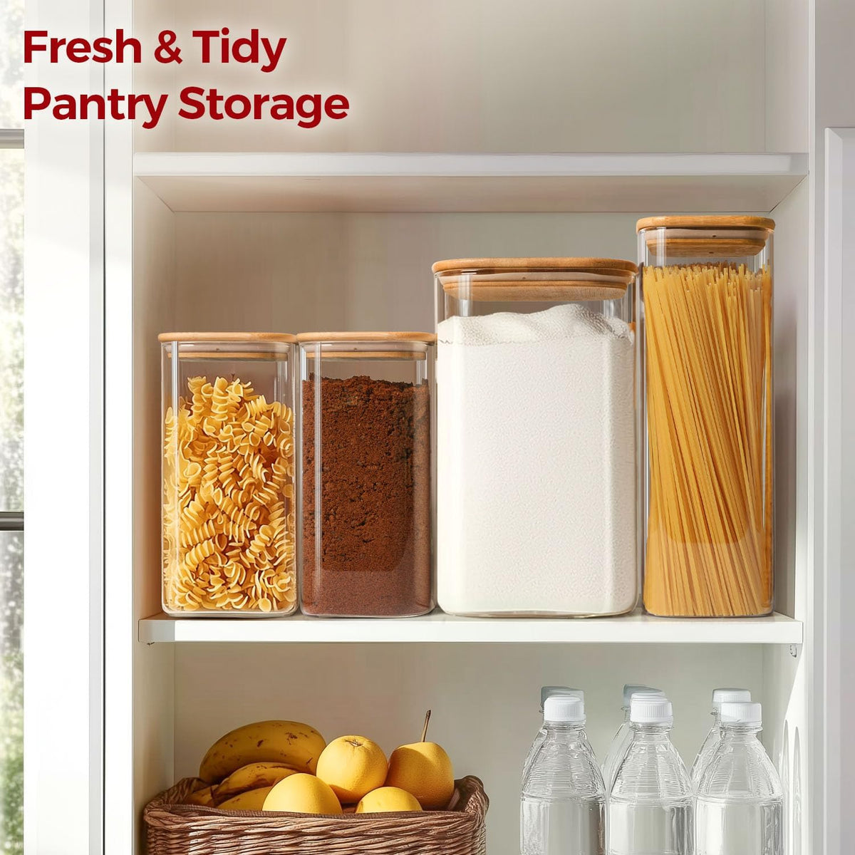 Glass Flour and Sugar Containers, Square Glass Containers with Bamboo Lids, Gallon Jars with Bamboo Lids for Cookies, Coffee Beans （2 pack 1.6/4.6 qt）