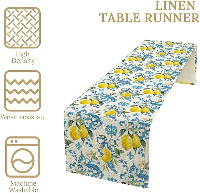Lemon Flower Table Runner, Summer Fruit Sicilian Style Table Runner for Indoor Outdoor Kitchen Home Party Holiday Dining Table 13x120in