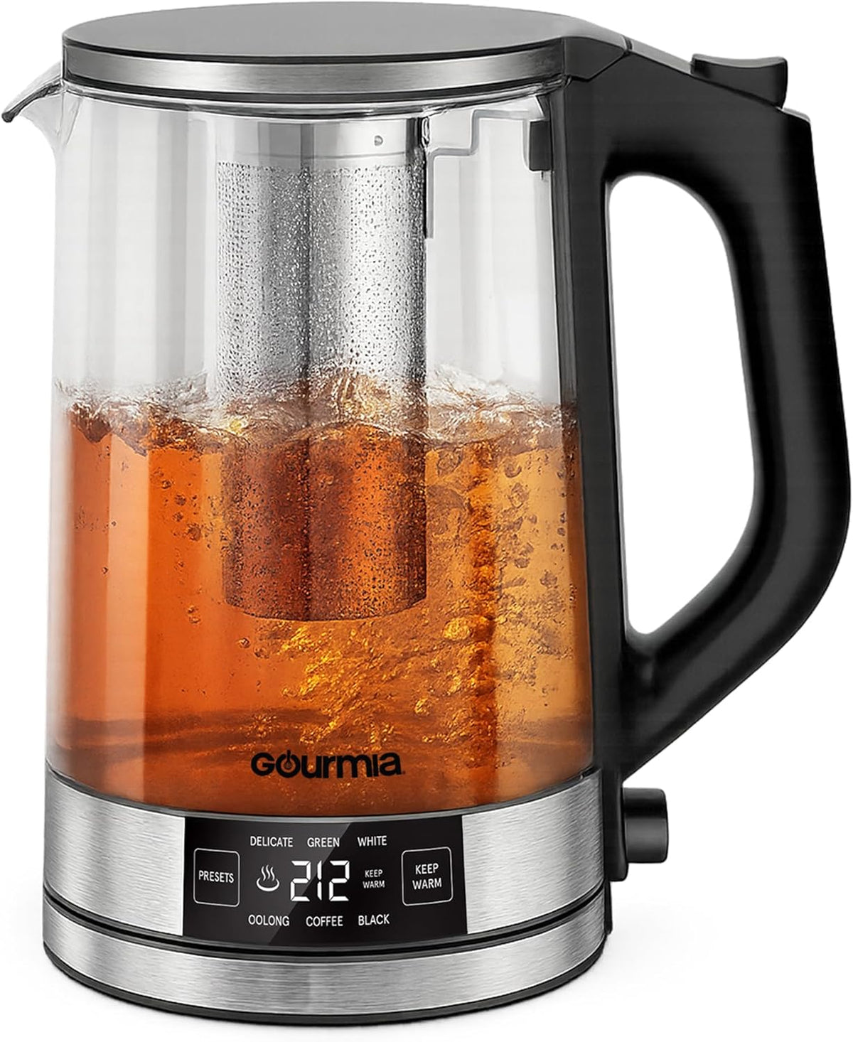 Gourmia Programmable Digital Glass Kettle – 1.7L Adjustable Temperature Electric Kettle with 6 Presets, Keep Warm, Stainless Steel Tea Infuser