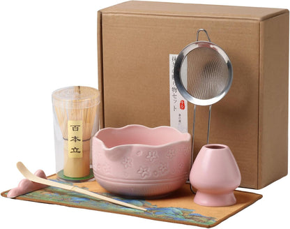 Matcha Whisk Set, Japanese Ceramic Matcha Bowl with Spout, Bamboo Whisk, Sifter, Scoop, Holder, Tea Cloth, 7-Piece Ceremonial Matcha Kit