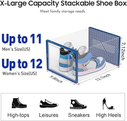 eWonLife Large Shoe Organizer Storage Box with Magnetic Door,12 Pack Clear Plastic Stackable Sneaker Containers for Closet, Connect Left and Right Shoe Box for Entryway, Drop Front, Under Bed (Blue)