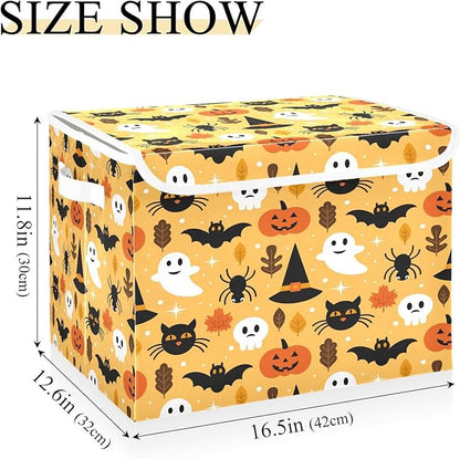 Large Collapsible Storage Bins with Lids, Halloween Spooky Skull Pumpkin Black Cat Storage Baskets Organizer Containers with Handles for Nursery Clothes Toys