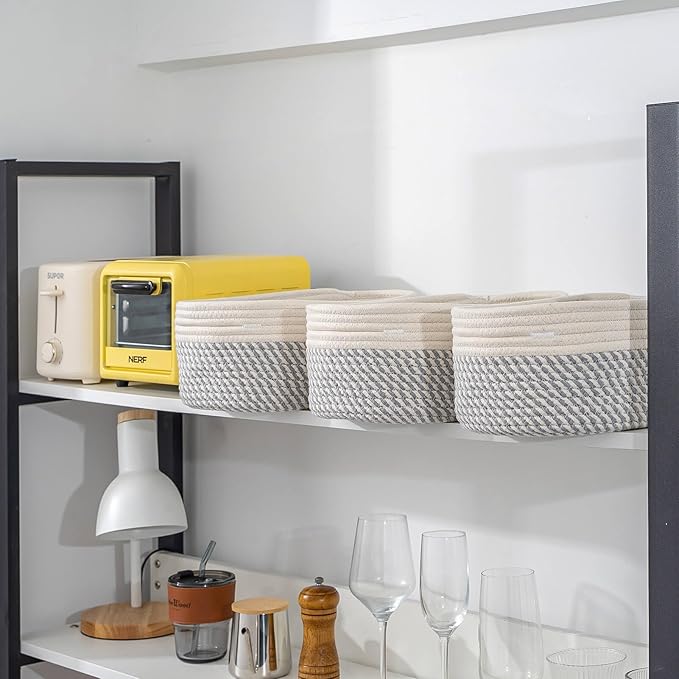 CubesLand Small Baskets, Storage Baskets for Organizing Shelves, Rectangular Woven Storage Basket Natural Cotton Rope Bins Closet Baby Nursery Empty Gifts Basket Off White/Mixed Gray