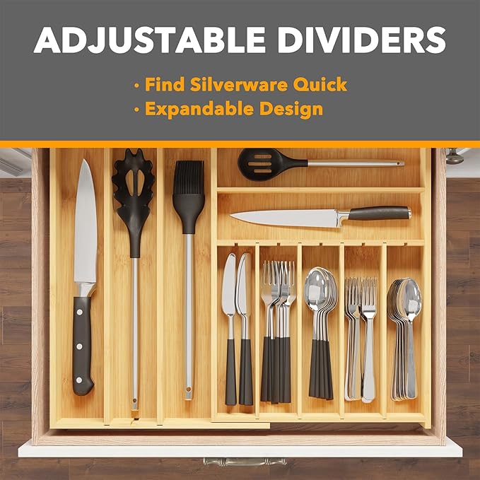 SpaceAid 2.5" High Bamboo Silverware Drawer Organizer with Labels, Kitchen Utensil Expandable Tray Holder for Flatware, Cutlery, Spoon and Knives Drawer Storage Organization (Natural)