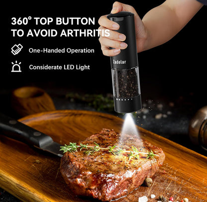 Electric Rechargeable Salt and Pepper Grinder Set,Automatic Pepper Mill Grinder with USB C Charging Dock,Upgraded 95ml Large Capacity,Adjustable Coarseness,LED Light,High-end Black