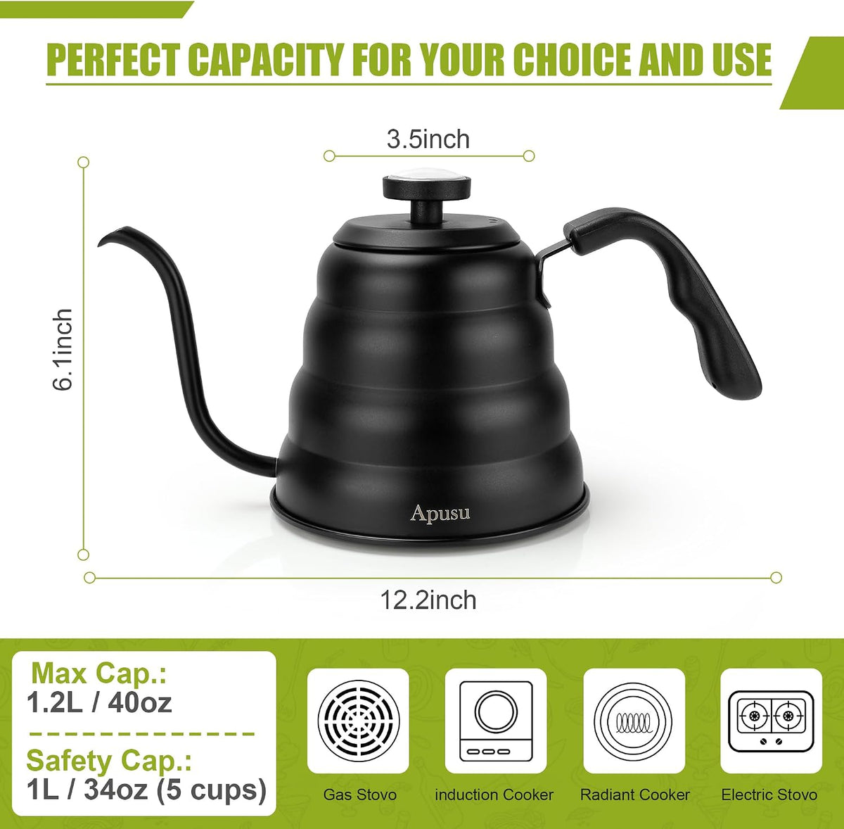 Tea Kettle with Thermometer,Black Gooseneck Coffee Kettle Pot Stovetop,40oz