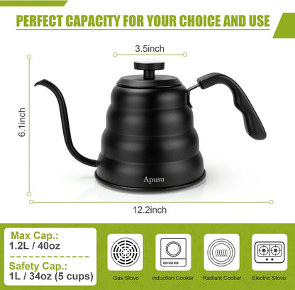 Tea Kettle with Thermometer,Black Gooseneck Coffee Kettle Pot Stovetop,40oz