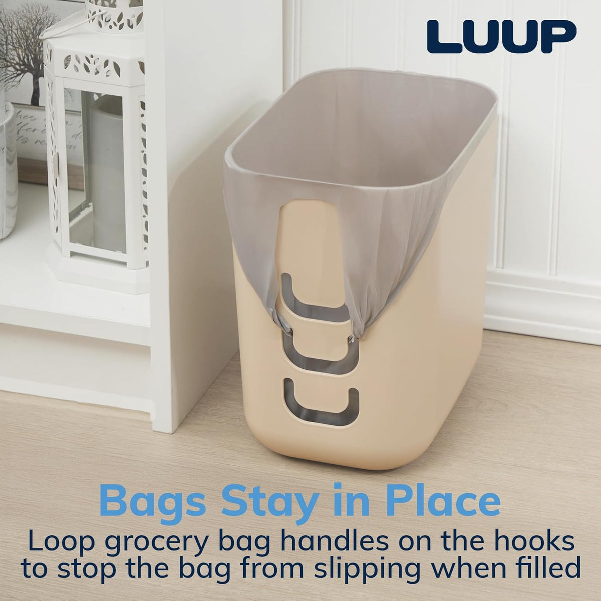 STORi Luup Bathroom Wastebasket, Secure Grocery Bags, Plastic Garbage Container for Vanity, Laundry Room, Kitchen, Office, 2.5 Gallon, Beige, Made in USA
