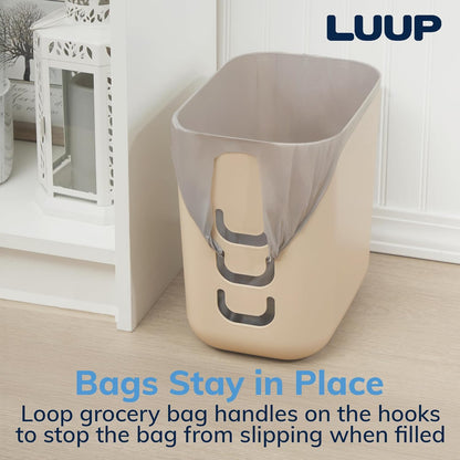 STORi Luup Bathroom Wastebasket, Secure Grocery Bags, Plastic Garbage Container for Vanity, Laundry Room, Kitchen, Office, 2.5 Gallon, Beige, Made in USA