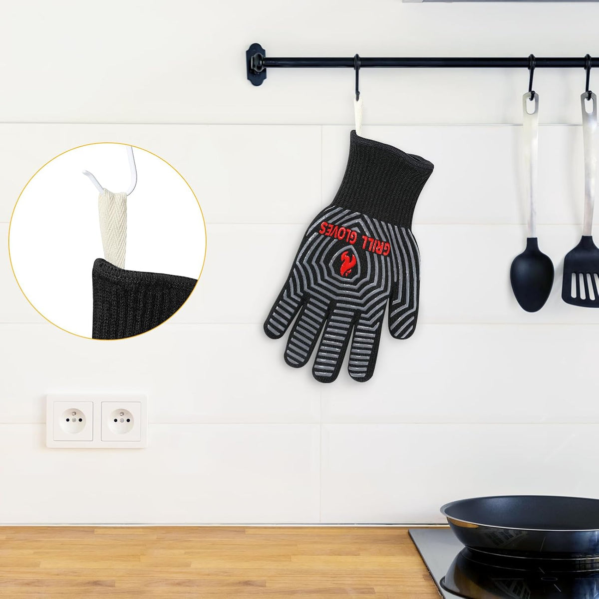 Quwin BBQ Gloves, Oven Gloves, Grilling Gloves Silicone Non-Slip Oven Mitts, Kitchen Gloves for BBQ, Grilling, Cooking, Baking-1 Pair… (Black
