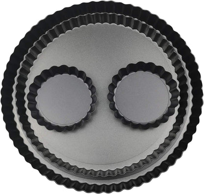 11 & 9 Inch Round Tart Pans with 2Pcs 4'' Mini Pans. Removable Bottom, Non-Stick Coating, Rugged Carbon Steel for Tart Quiche Pie Making