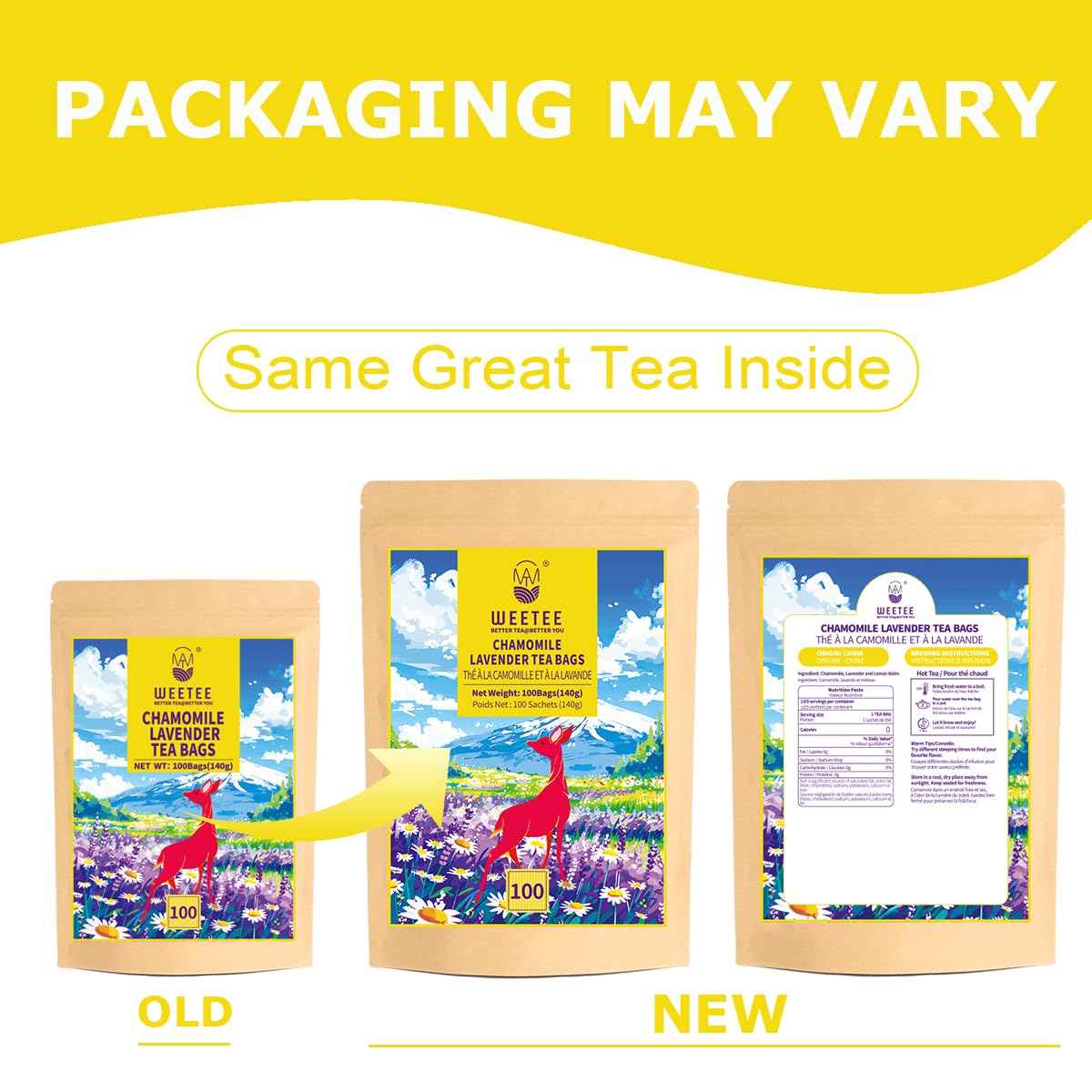 WT Weetee Chamomile Lavender Tea Bags 100 Count, Nighty & Relax, 100% Pure Chamomile, Lavender Flowers & Lemon Balm Blend