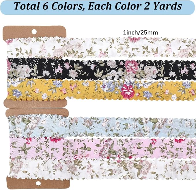 6 Colors 12 Yards 1 Inch Flower Print Ribbon Spring Summer Floral Fabric Wavy Edge Vintage Rose Printed Polyester Bouquet Flowers Ribbons for Gift Wrapping Bow Wreath Sewing Diy Craft Supply