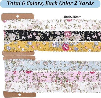 6 Colors 12 Yards 1 Inch Flower Print Ribbon Spring Summer Floral Fabric Wavy Edge Vintage Rose Printed Polyester Bouquet Flowers Ribbons for Gift Wrapping Bow Wreath Sewing Diy Craft Supply