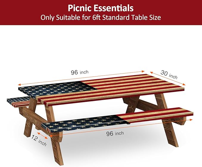 Picnic Table Cover with Bench Covers 8FT 3PCS, 250th Anniversary Rectangle Tablecloth, Waterproof Fade Resistant American Flag Decor for 4th of July for Outdoor Parties, 96", US Flag