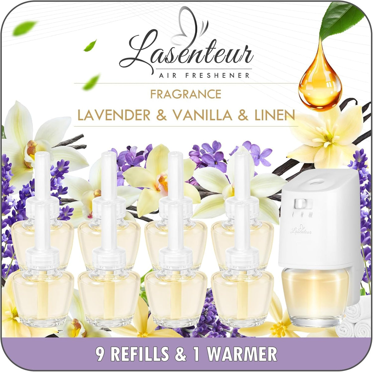 Plug-in Air Freshener Starter Kit, 1 Warmer and 9 Essential Oil Refills, Lavender, Vanilla, Linen Scent for Home, Bathroom and Office, Compatible with Air Wick and Glade Air Fresheners