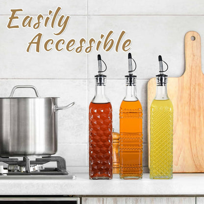 3-Pack Glass Oil Dispensers 500ML/17OZ, Oil and Vinegar Bottles Set with Stainless Steel Pourers, Brush, Funnel, Seal Caps (Square)