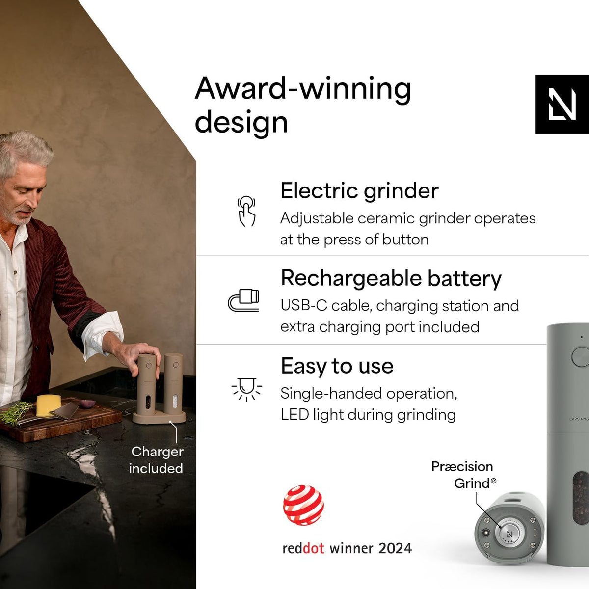 LARS NYSØM Electric Salt and Pepper Grinder Set, USB Rechargeable, Automatic Salt and Pepper Mills, Spice Shakers Refillable with LED Light, Adjustable Coarseness, Ceramic Grinder (Ash Gray)