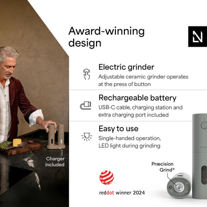 LARS NYSØM Electric Salt and Pepper Grinder Set, USB Rechargeable, Automatic Salt and Pepper Mills, Spice Shakers Refillable with LED Light, Adjustable Coarseness, Ceramic Grinder (Ash Gray)